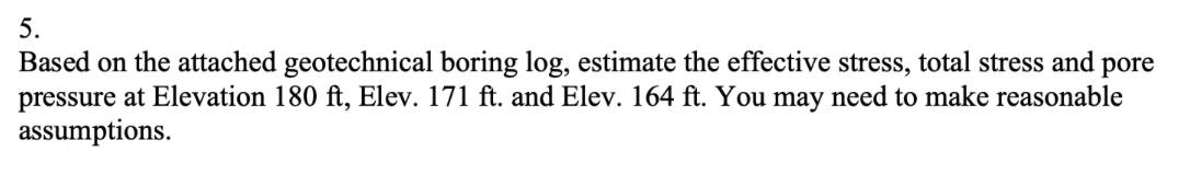 5 Based On The Attached Geotechnical Boring Log Estimate The Effective Stress Total Stress And Pore Pressure At Eleva 1