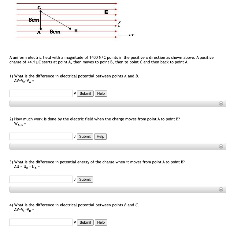 C 6cm A 8cm B E A Uniform Electric Field With A Magnitude Of 1400 N C Points In The Positive X Direction As Shown Above 1