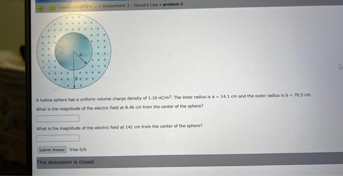 Course Content Assignment 3 Gauss S Law Problem 5 A Hollow Sphere Has A Uniform Volume Charge Density Of 1 16 Nc M 1