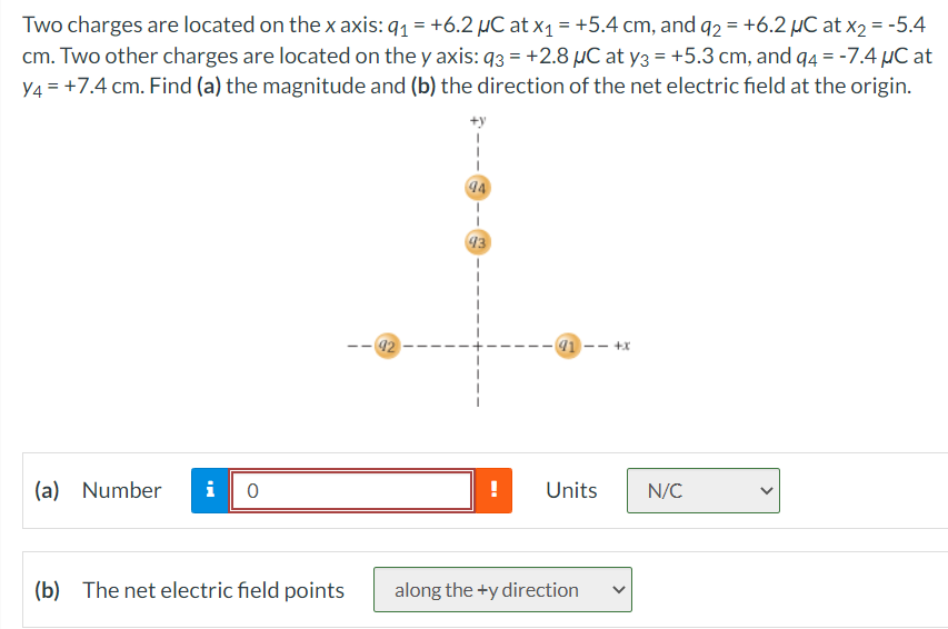Two Charges Are Located On The X Axis Q 6 2 Uc At X 5 4 Cm And Q2 6 2 Uc At X 5 4 Cm Two Other Charges 1