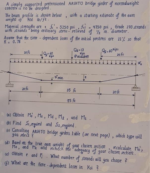 A Simply Supported Pretensioned Aashto Bridge Girder Of Normalweight Concrete Is To Be Designed The Beam Profile Is Show 1