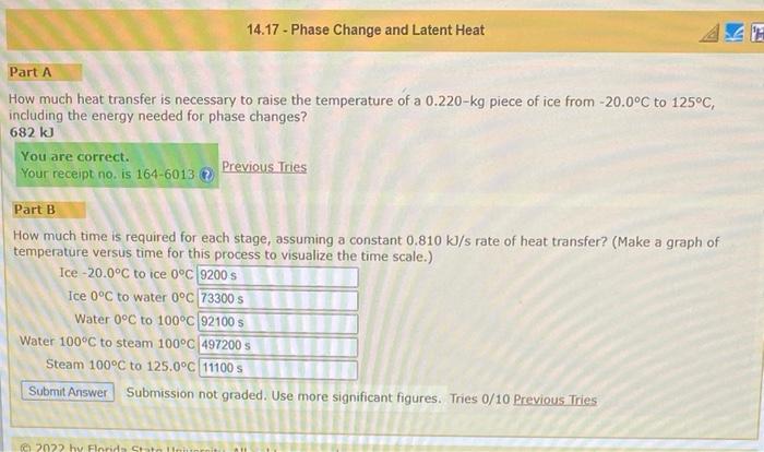 Part A How Much Heat Transfer Is Necessary To Raise The Temperature Of A 0 220 Kg Piece Of Ice From 20 0 C To 125 C In 1