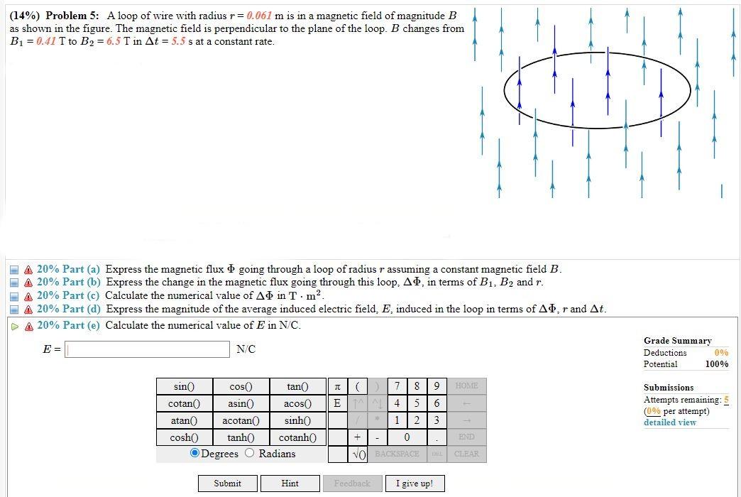14 Problem 5 A Loop Of Wire With Radius R 0 061 M Is In A Magnetic Field Of Magnitude B As Shown In The Figure Th 1