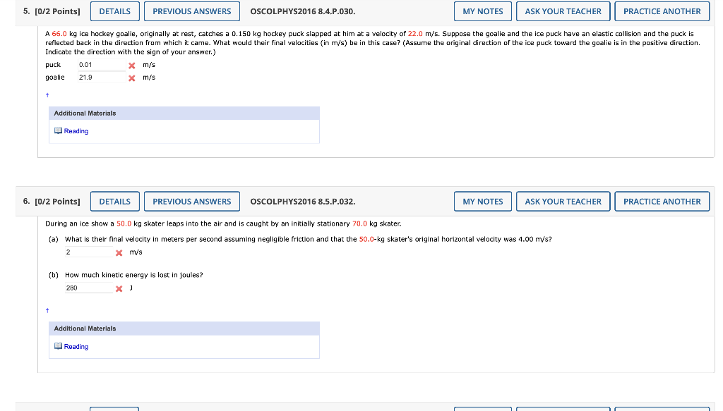 5 0 2 Points Details Ask Your Teacher Practice Another A 66 0 Kg Ice Hockey Goalie Originally At Rest Catches A 0 1