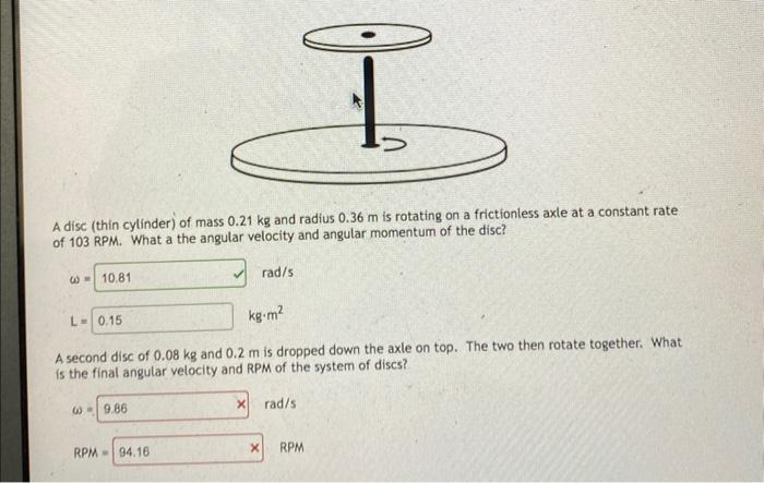 I A Disc Thin Cylinder Of Mass 0 21 Kg And Radius 0 36 M Is Rotating On A Frictionless Axle At A Constant Rate Of 103 1