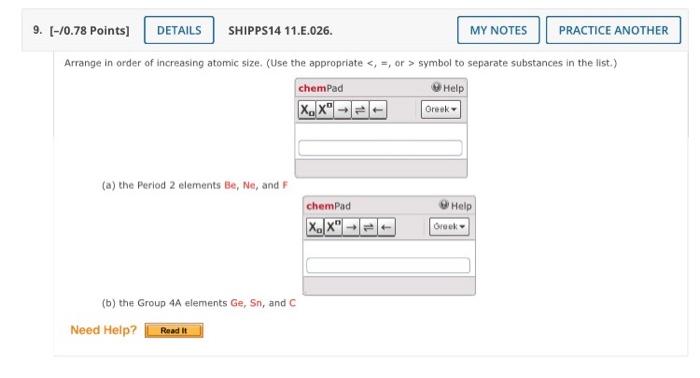9 0 78 Points Details Shipps14 11 E 026 My Notes Practice Another Arrange In Order Of Increasing Atomic Size Use 1