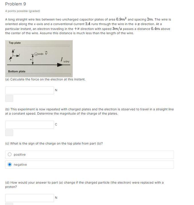 Problem 9 4 Points Possible Graded A Long Straight Wire Lies Between Two Uncharged Capacitor Plates Of Area 0 9m And 1