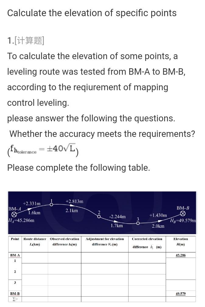 Calculate The Elevation Of Specific Points 1 It To Calculate The Elevation Of Some Points A Leveling Route Was Tested 1