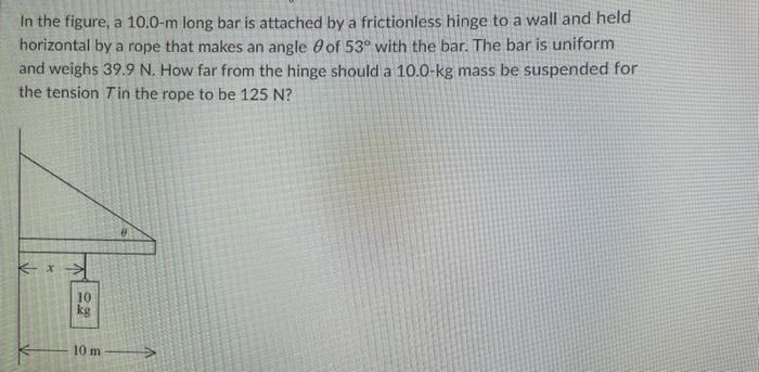 In The Figure A 10 0 M Long Bar Is Attached By A Frictionless Hinge To A Wall And Held Horizontal By A Rope That Makes 1