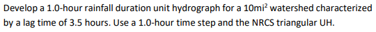Develop A 1 0 Hour Rainfall Duration Unit Hydrograph For A 10mi Watershed Characterized By A Lag Time Of 3 5 Hours Use 1