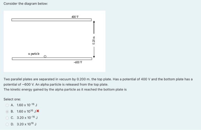 Consider The Diagram Below A Particle Select One A 1 60 X 10 16 J B 1 60 X 10 6 Jx 400 V Two Parallel Plates Are Sep 1