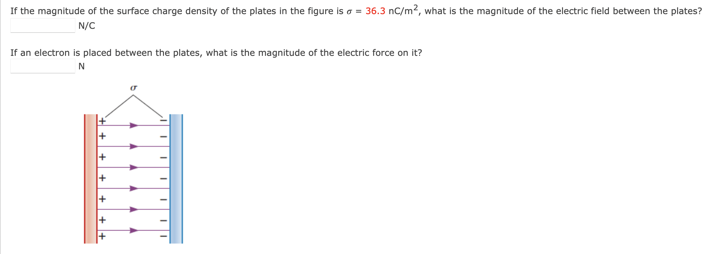 If The Magnitude Of The Surface Charge Density Of The Plates In The Figure Is O 36 3 Nc M What Is The Magnitude Of T 1