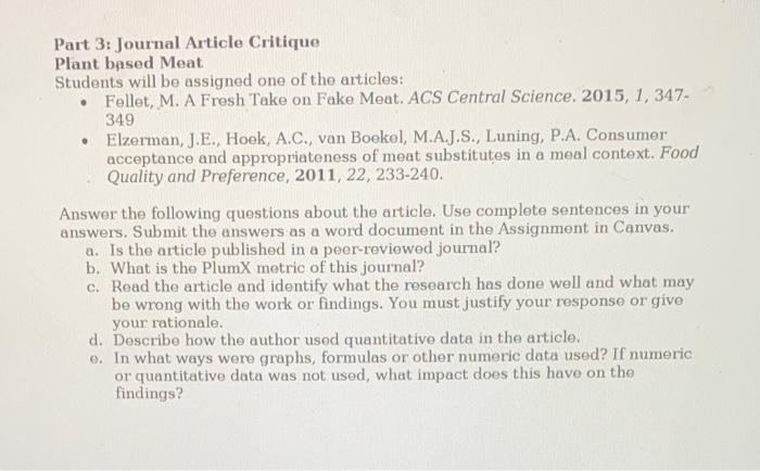 Part 3 Journal Article Critique Plant Based Meat Students Will Be Assigned One Of The Articles Fellet M A Fresh Ta 1