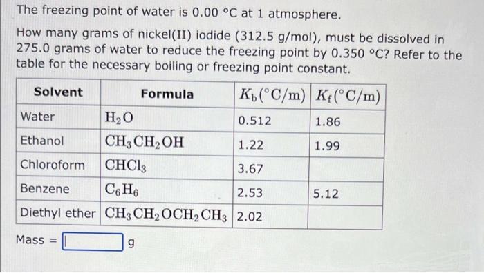 The Freezing Point Of Water Is 0 00 C At 1 Atmosphere How Many Grams Of Nickel Ii Iodide 312 5 G Mol Must Be Disso 1