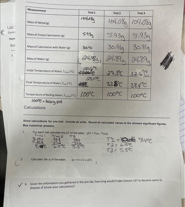 Lab Dem Nam Bac F Measurement 1 2 Mass Of Metal G Mass Of Empty Calorimeter G Mass Of Calorimeter With Water G 1