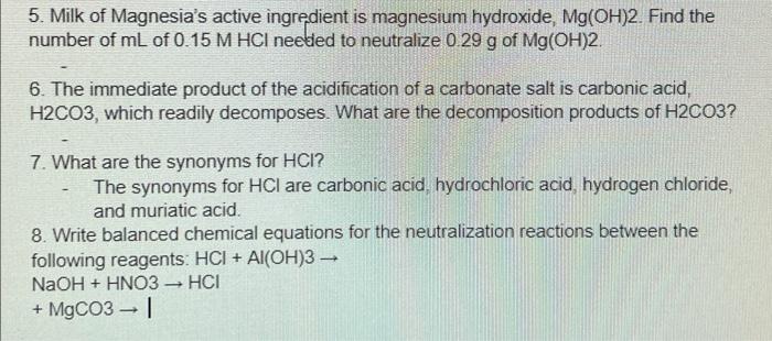 5 Milk Of Magnesia S Active Ingredient Is Magnesium Hydroxide Mg Oh 2 Find The Number Of Ml Of 0 15 M Hci Needed To N 1