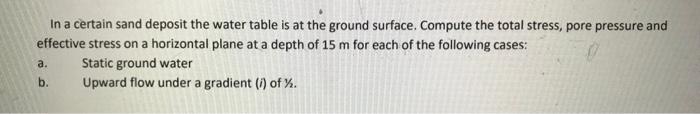 In A Certain Sand Deposit The Water Table Is At The Ground Surface Compute The Total Stress Pore Pressure And Effectiv 1