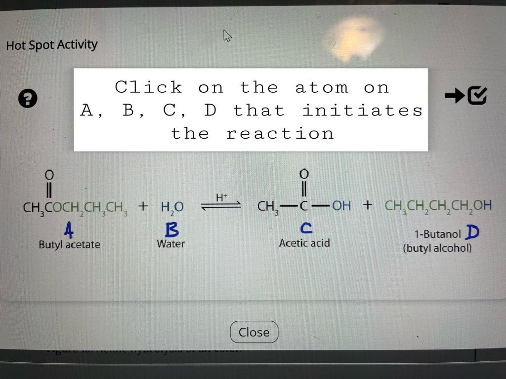 Hot Spot Activity E O Click On The A B C D That The Reaction Ch Coch Ch Ch3 H O 4 B Butyl Acetate Water H Atom On 1
