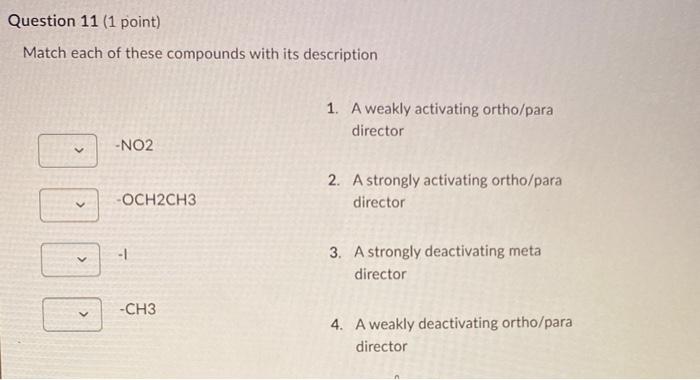 Question 11 1 Point Match Each Of These Compounds With Its Description No2 Och2ch3 1 Ch3 1 A Weakly Activating 1