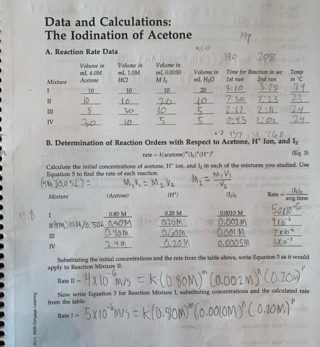 0 8 2011 2009 Cengage Leaming Data And Calculations The Iodination Of Acetone A Reaction Rate Data Volume In Ml 4 0m 1