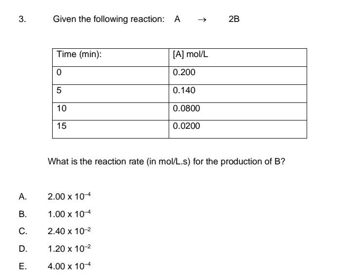 3 A B C D E Given The Following Reaction Time Min 0 5 10 15 A 2 00 X 10 4 1 00 X 10 4 2 40 X 10 1 20 X 10 1