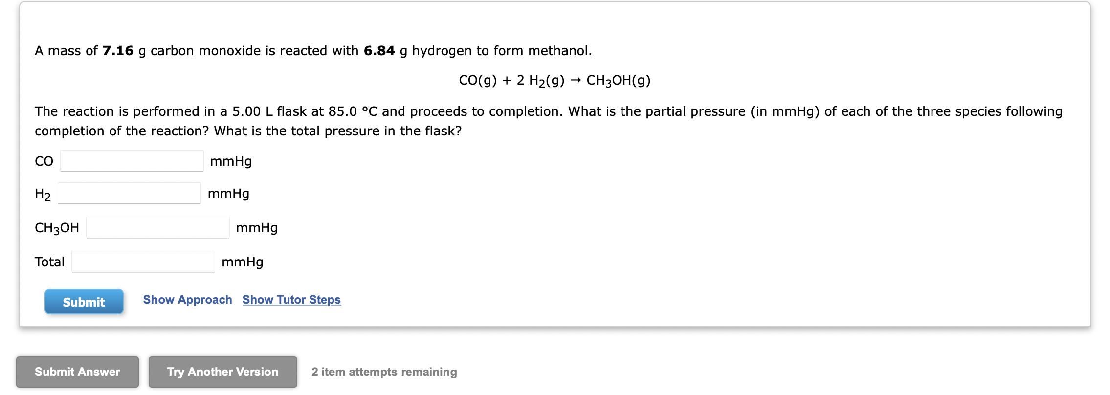 A Mass Of 7 16 G Carbon Monoxide Is Reacted With 6 84 G Hydrogen To Form Methanol Co G 2 H G Ch3oh G The Reacti 1