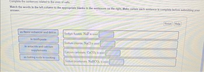 Complete The Sentences Related To The Uses Of Salts Match The Words In The Left Column To The Appropriate Blanks In The 1