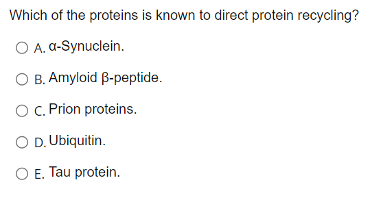 Which Of The Proteins Is Known To Direct Protein Recycling O A A Synuclein O B Amyloid B Peptide O C Prion Protein 1
