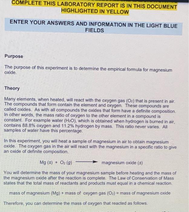 Complete This Laboratory Report Is In This Document Highlighted In Yellow Enter Your Answers And Information In The Ligh 1