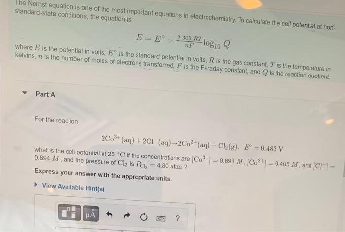 The Nernst Equation Is One Of The Most Important Equations In Electrochemistry To Calculate The Cell Potential At Non 1