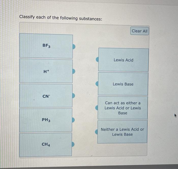 Classify Each Of The Following Substances Bf3 H Cn Ph3 Ch4 Clear All Lewis Acid Lewis Base Can Act As Either A Lewis A 1