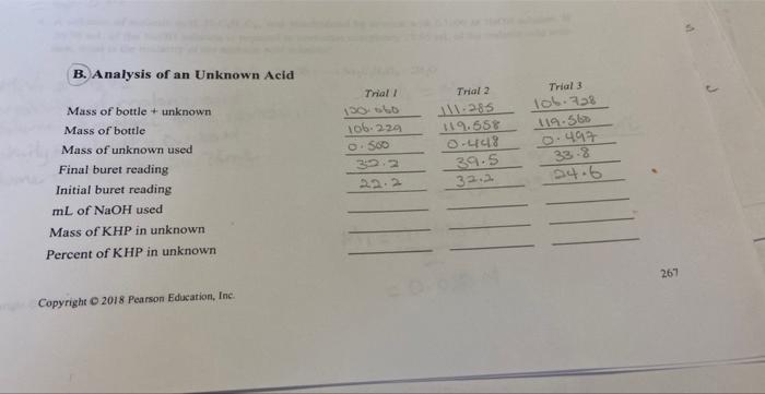 B Analysis Of An Unknown Acid Mass Of Bottle Unknown Mass Of Bottle Mass Of Unknown Used Final Buret Reading Initial 1
