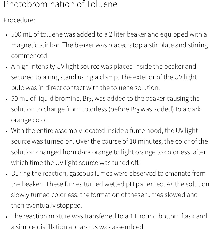 Photobromination Of Toluene Procedure 500 Ml Of Toluene Was Added To A 2 Liter Beaker And Equipped With A Magnetic Stir 1