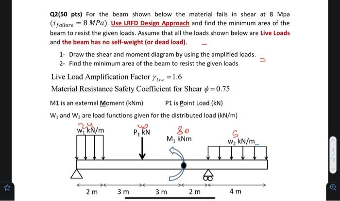 Q2 50 Pts For The Beam Shown Below The Material Fails In Shear At 8 Mpa T Failure 8 Mpa Use Lrfd Design Approach A 1