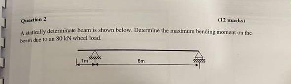 Question 2 12 Marks A Statically Determinate Beam Is Shown Below Determine The Maximum Bending Moment On The Beam Due 1