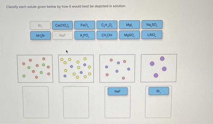 Classify Each Solute Given Below By How It Would Best Be Depicted In Solution Br Nh Br Ca Cio Naf Oo Fecl K Po C H 1
