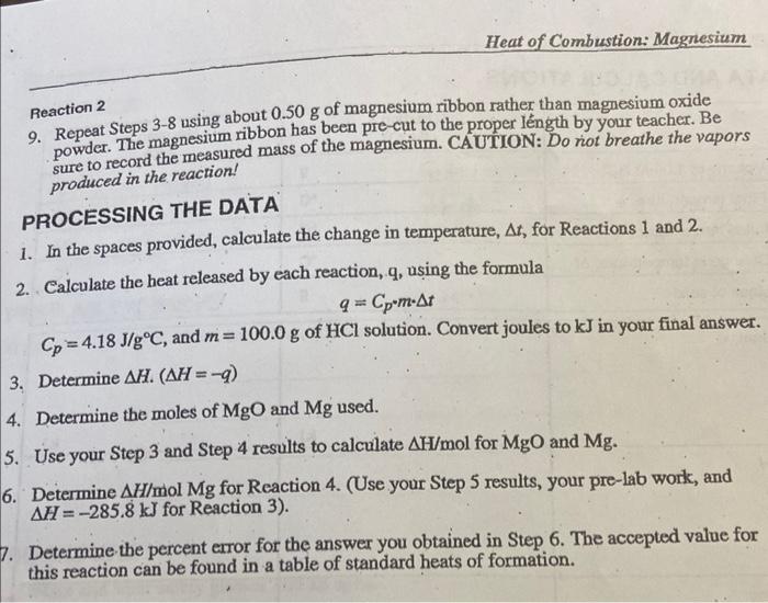 Data And Calculations 1 Volume Of 1 00 M Hci 2 Final Temperature 3 Initial Temperature F 4 Change In Temperature 2