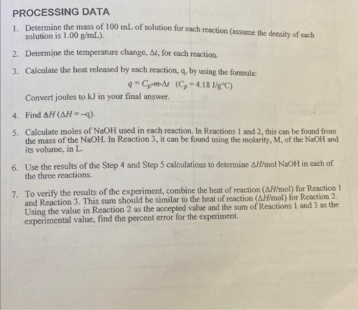 Processing Data 1 Determine The Mass Of 100 Ml Of Solution For Each Reaction Assume The Density Of Each Solution Is 1 1
