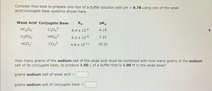 Consider How Best To Prepare One Liter Of A Buffer Solution With Ph 9 78 Using One Of The Weak Acid Conjugate Base Sys 1