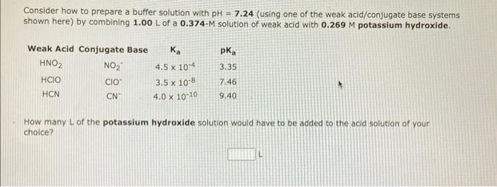 Consider How To Prepare A Buffer Solution With Ph 7 24 Using One Of The Weak Acid Conjugate Base Systems Shown Here 1