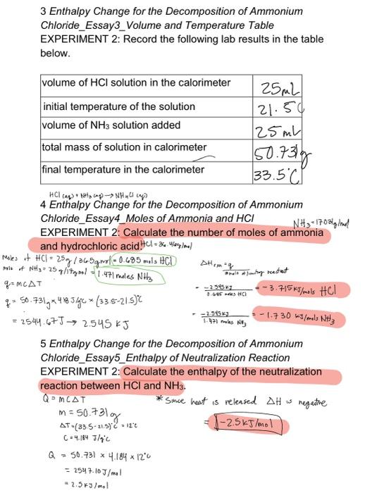 3 Enthalpy Change For The Decomposition Of Ammonium Chloride Essay3 Volume And Temperature Table Experiment 2 Record Th 1