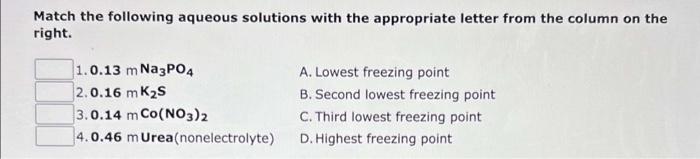 Match The Following Aqueous Solutions With The Appropriate Letter From The Column On The Right 1 0 108 M Fe Ch3coo 3 2 2