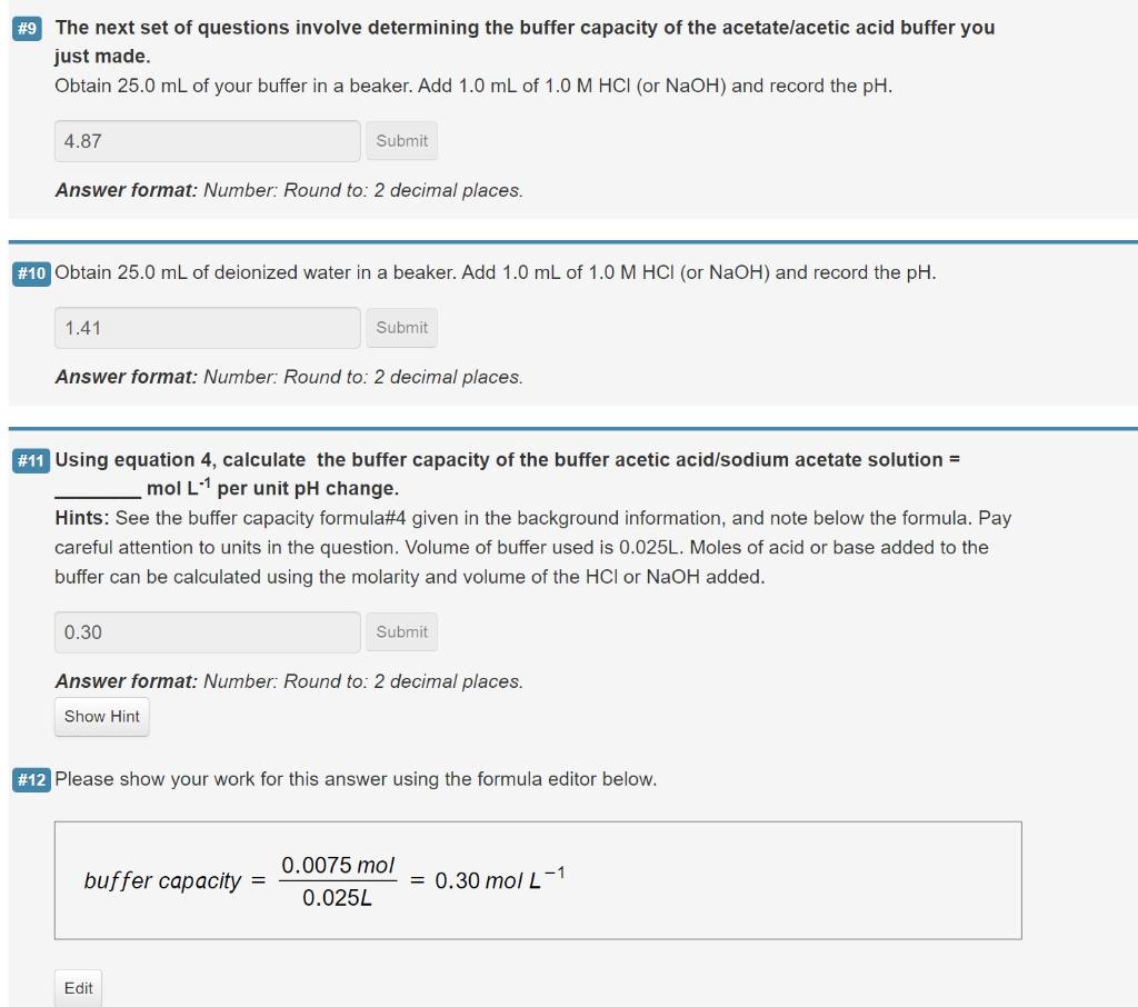 9 The Next Set Of Questions Involve Determining The Buffer Capacity Of The Acetate Acetic Acid Buffer You Just Made Ob 1