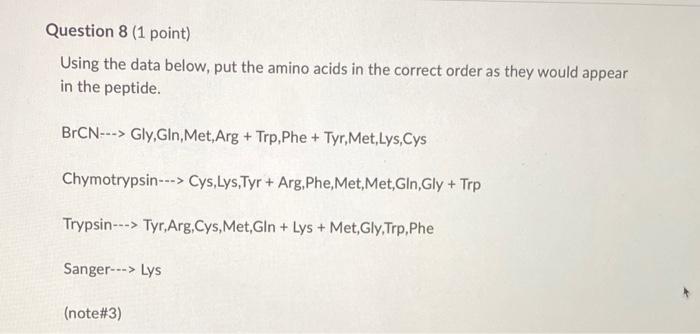 Question 1 1 Point Saved Using The Data Below Put The Amino Acids In The Correct Order As They Would Appear In The Pe 8