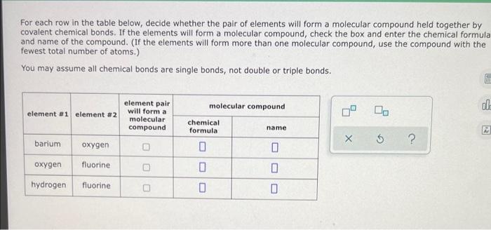 For Each Row In The Table Below Decide Whether The Pair Of Elements Will Form A Molecular Compound Held Together By Cov 1