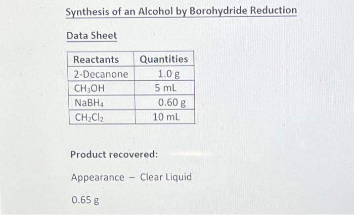 Synthesis Of An Alcohol By Borohydride Reduction Data Sheet Reactants 2 Decanone Ch3oh Nabh4 Ch Cl2 Quantities 1 0 G 5 M 1
