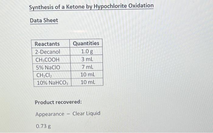 Synthesis Of A Ketone By Hypochlorite Oxidation Data Sheet Reactants 2 Decanol Ch3cooh 5 Naclo Ch Cl 10 Nahco3 Quanti 1
