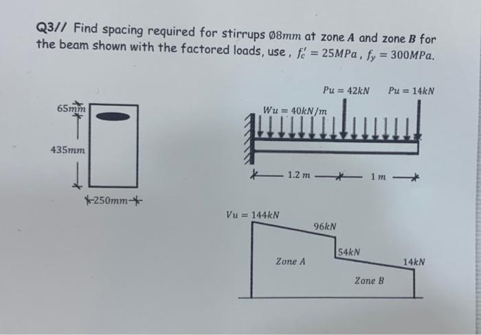Q3 7 Find Spacing Required For Stirrups O8mm At Zone A And Zone B For The Beam Shown With The Factored Loads Use Fe 1
