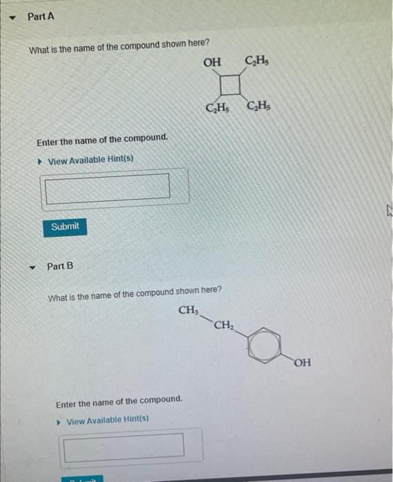 Part A What Is The Name Of The Compound Shown Here Oh Enter The Name Of The Compound View Available Hint S Submit 1