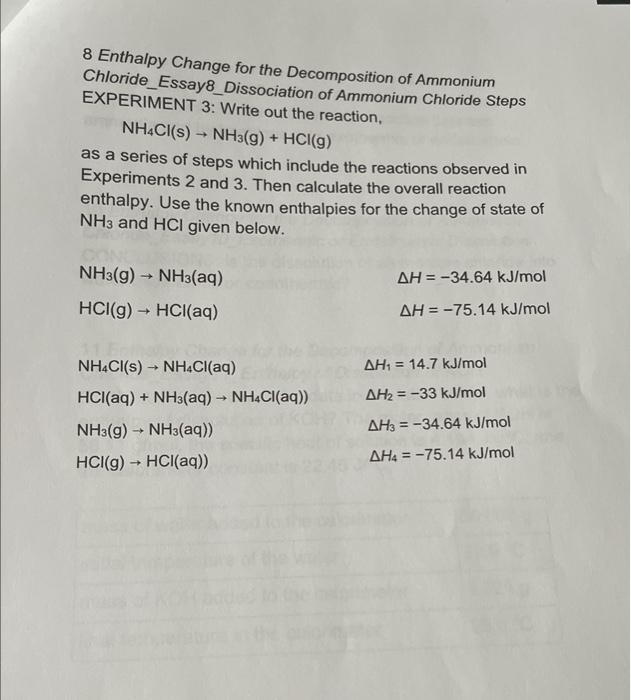 8 Enthalpy Change For The Decomposition Of Ammonium Chloride Essay8 Dissociation Of Ammonium Chloride Steps Experiment 3 1